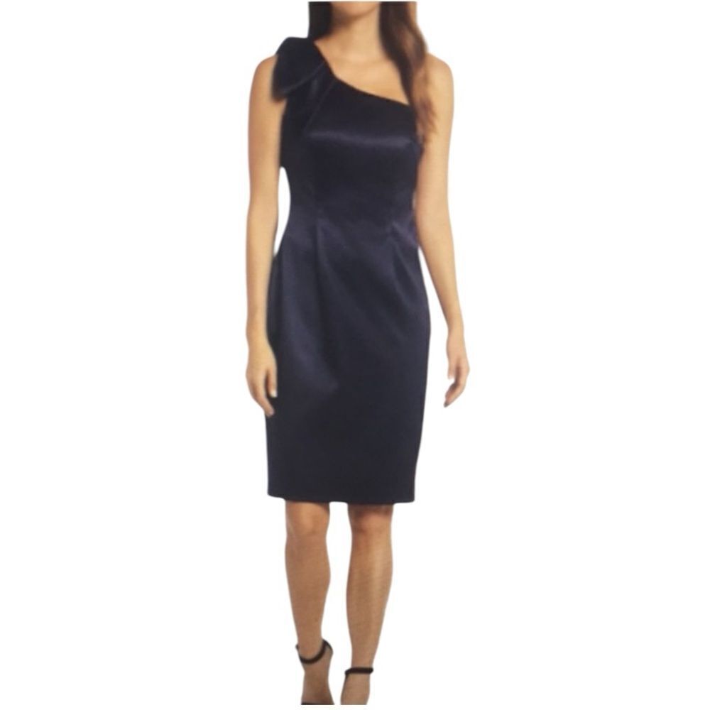 NWT Eliza J Women’s Navy Blue One-Shoulder Bow Detail Satin Sheath Dress Size 6